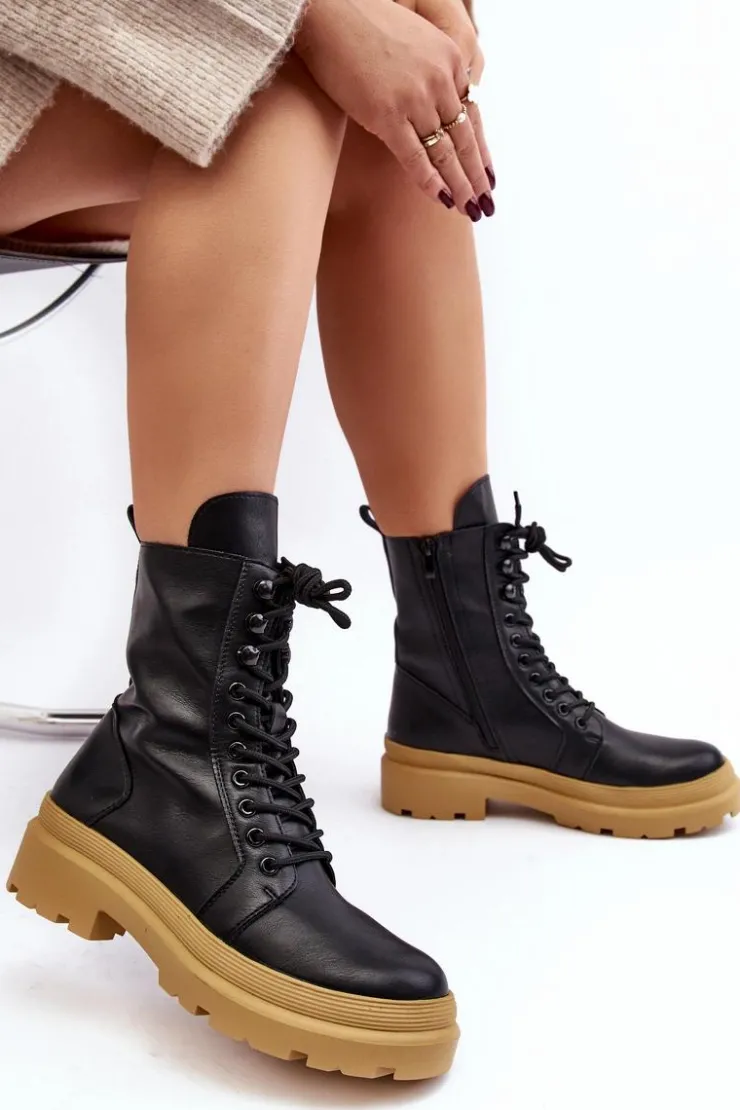 Damskie Boto Botki Workery Damskie Ekoskóra Czarne Irande - Jasna Podeszwa