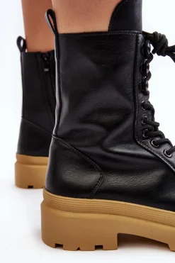 Damskie Boto Botki Workery Damskie Ekoskóra Czarne Irande - Jasna Podeszwa