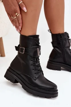 Boto Botki Ocieplane|Botki Sznurowane*Botki Workery Damskie Eko Skórzane Z Ozdobnym Paskiem Czarne Ylianne