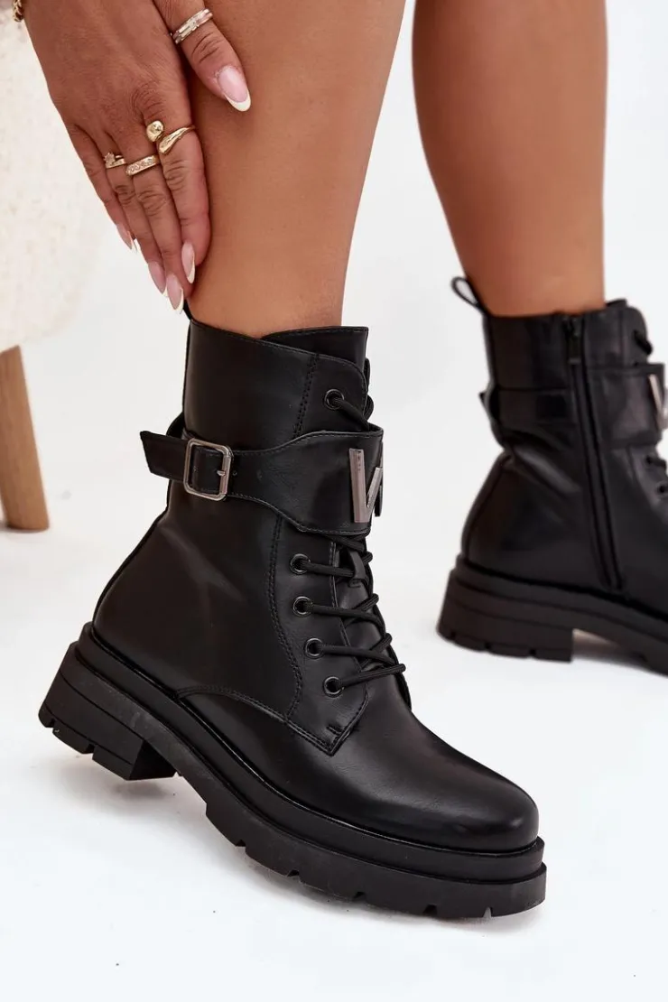 Boto Botki Ocieplane|Botki Sznurowane*Botki Workery Damskie Eko Skórzane Z Ozdobnym Paskiem Czarne Ylianne