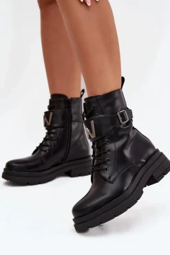 Boto Botki Ocieplane|Botki Sznurowane*Botki Workery Damskie Eko Skórzane Z Ozdobnym Paskiem Czarne Ylianne