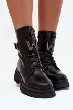 Boto Botki Ocieplane|Botki Sznurowane*Botki Workery Damskie Eko Skórzane Z Ozdobnym Paskiem Czarne Ylianne