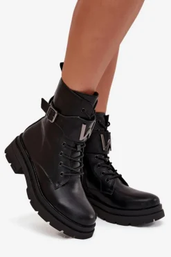 Boto Botki Ocieplane|Botki Sznurowane*Botki Workery Damskie Eko Skórzane Z Ozdobnym Paskiem Czarne Ylianne