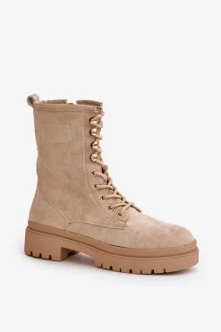 Boto Botki Sznurowane|Botki Płaskie*Botki Workery Damskie Na Zamek Z Eko Zamszu Beżowe Savalann