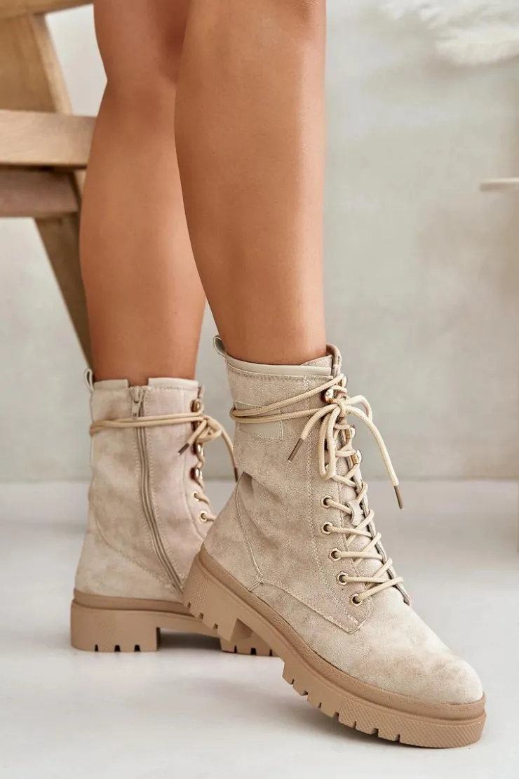 Boto Botki Sznurowane|Botki Płaskie*Botki Workery Damskie Na Zamek Z Eko Zamszu Beżowe Savalann