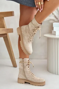 Boto Botki Sznurowane|Botki Płaskie*Botki Workery Damskie Na Zamek Z Eko Zamszu Beżowe Savalann