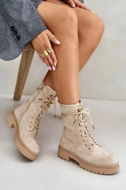 Boto Botki Sznurowane|Botki Płaskie*Botki Workery Damskie Na Zamek Z Eko Zamszu Beżowe Savalann