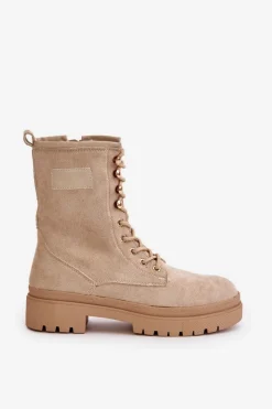 Boto Botki Sznurowane|Botki Płaskie*Botki Workery Damskie Na Zamek Z Eko Zamszu Beżowe Savalann