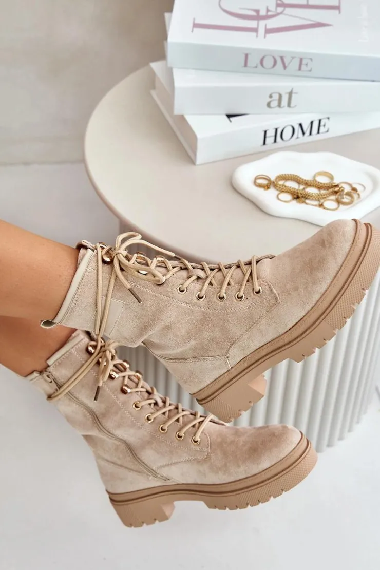 Boto Botki Sznurowane|Botki Płaskie*Botki Workery Damskie Na Zamek Z Eko Zamszu Beżowe Savalann