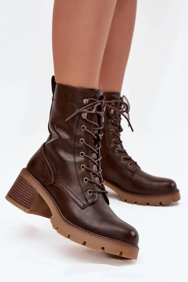 Damskie Buty damskie Vinceza Botki Workery Damskie Na Klocku Ocieplane Vinceza 89136 Brązowe