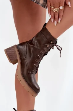 Damskie Buty damskie Vinceza Botki Workery Damskie Na Klocku Ocieplane Vinceza 89136 Brązowe