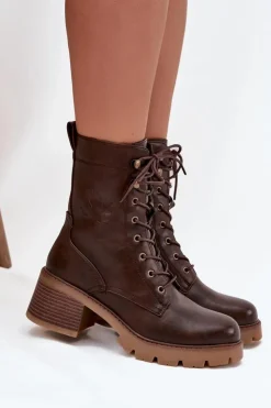 Damskie Buty damskie Vinceza Botki Workery Damskie Na Klocku Ocieplane Vinceza 89136 Brązowe