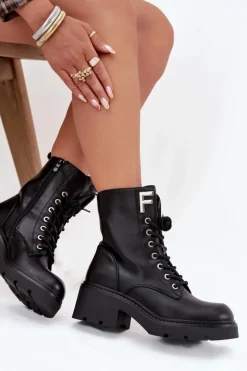 Boto Botki Ocieplane|Botki Sznurowane*Botki Workery Damskie Na Klocku Ocieplane Z Literą F Czarne Lurina