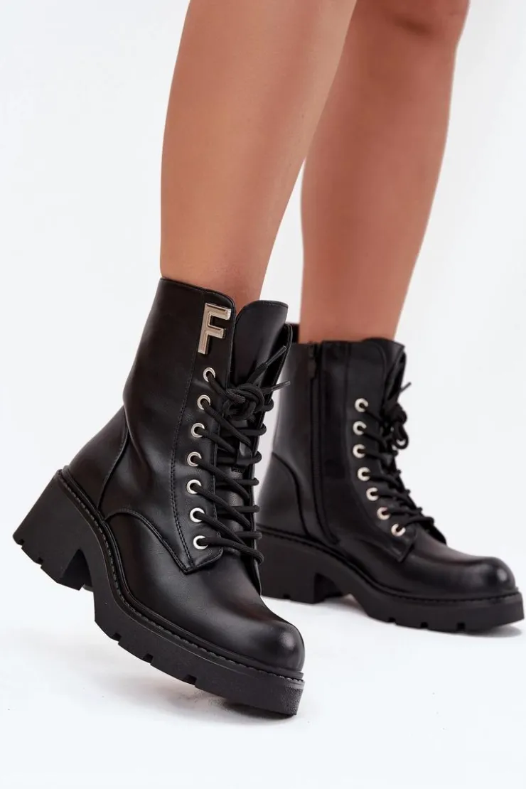 Boto Botki Ocieplane|Botki Sznurowane*Botki Workery Damskie Na Klocku Ocieplane Z Literą F Czarne Lurina