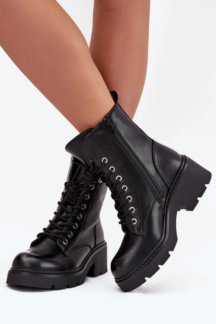 Boto Botki Ocieplane|Botki Sznurowane*Botki Workery Damskie Na Klocku Ocieplane Z Literą F Czarne Lurina