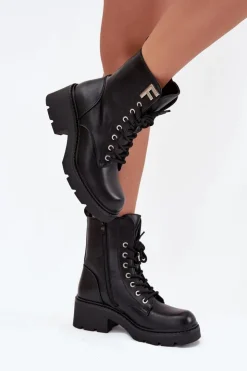 Boto Botki Ocieplane|Botki Sznurowane*Botki Workery Damskie Na Klocku Ocieplane Z Literą F Czarne Lurina