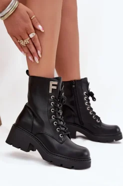 Boto Botki Ocieplane|Botki Sznurowane*Botki Workery Damskie Na Klocku Ocieplane Z Literą F Czarne Lurina