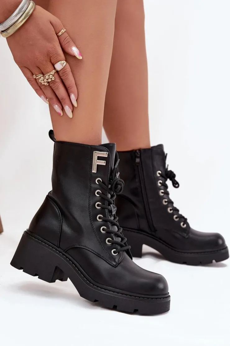 Boto Botki Ocieplane|Botki Sznurowane*Botki Workery Damskie Na Klocku Ocieplane Z Literą F Czarne Lurina