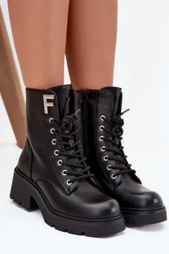 Boto Botki Ocieplane|Botki Sznurowane*Botki Workery Damskie Na Klocku Ocieplane Z Literą F Czarne Lurina