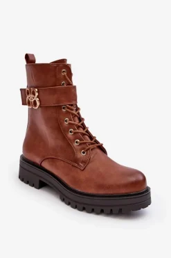 Sale Boto Botki Workery Damskie Na Suwak Z Ozdobą Brązowe Ciossava