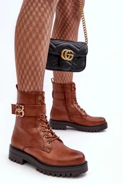 Sale Boto Botki Workery Damskie Na Suwak Z Ozdobą Brązowe Ciossava