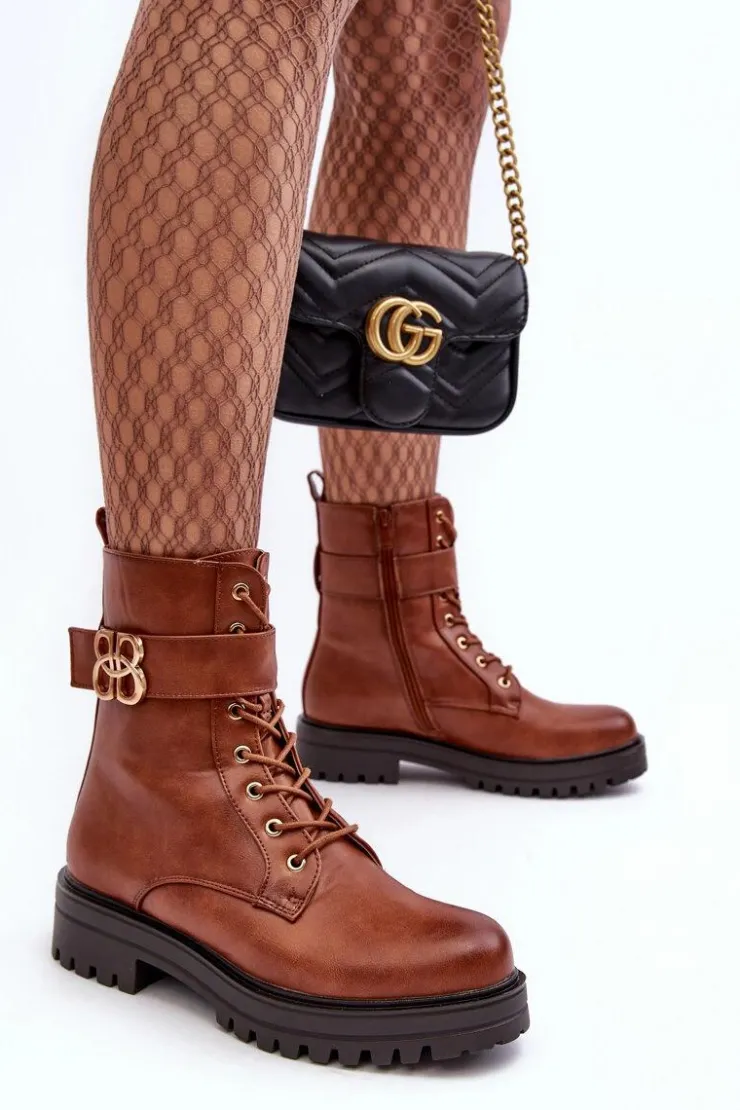 Sale Boto Botki Workery Damskie Na Suwak Z Ozdobą Brązowe Ciossava