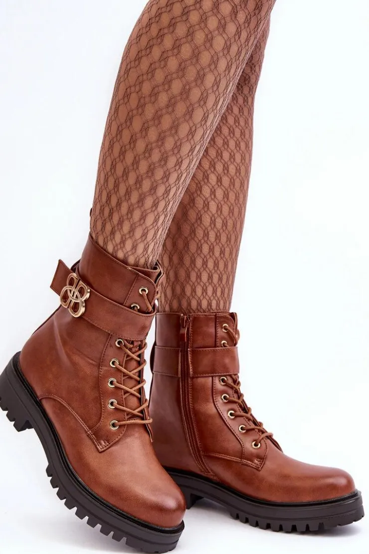 Sale Boto Botki Workery Damskie Na Suwak Z Ozdobą Brązowe Ciossava