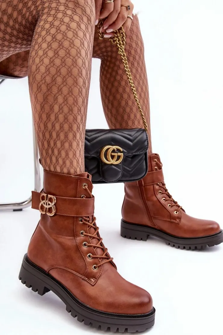 Sale Boto Botki Workery Damskie Na Suwak Z Ozdobą Brązowe Ciossava