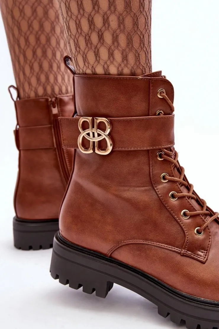 Sale Boto Botki Workery Damskie Na Suwak Z Ozdobą Brązowe Ciossava