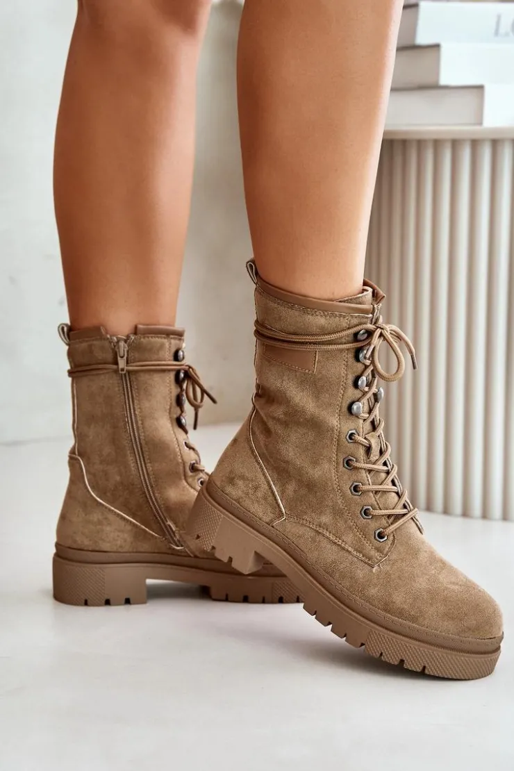 Boto Botki Sznurowane|Botki Płaskie*Botki Workery Damskie Na Zamek Z Eko Zamszu Ciemnobeżowe Savalann