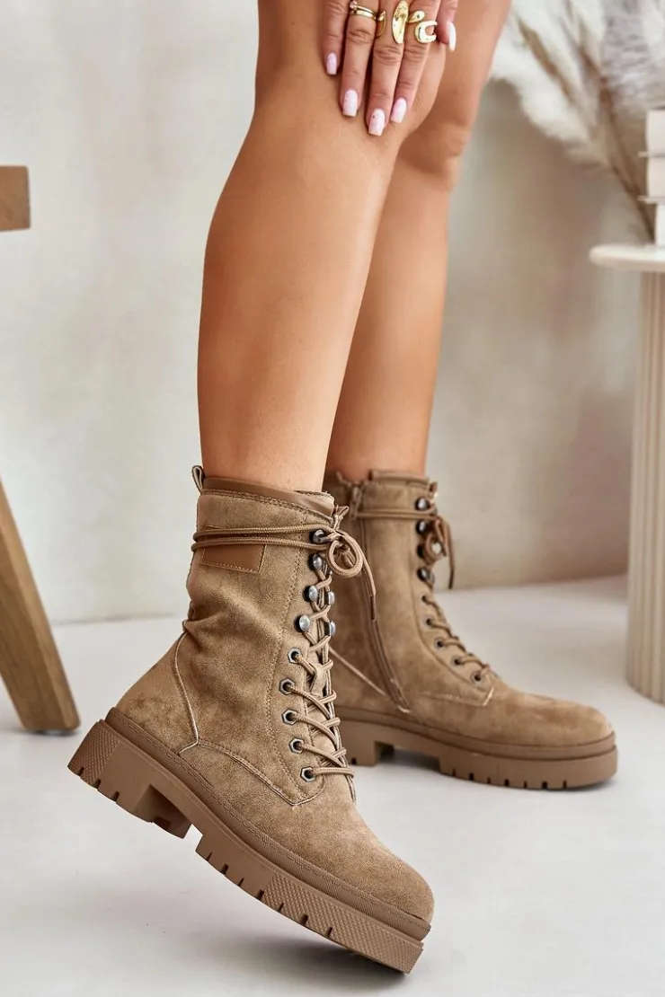 Boto Botki Sznurowane|Botki Płaskie*Botki Workery Damskie Na Zamek Z Eko Zamszu Ciemnobeżowe Savalann