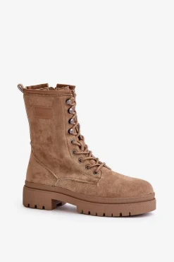 Boto Botki Sznurowane|Botki Płaskie*Botki Workery Damskie Na Zamek Z Eko Zamszu Ciemnobeżowe Savalann