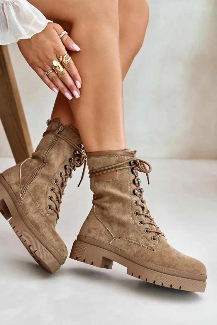 Boto Botki Sznurowane|Botki Płaskie*Botki Workery Damskie Na Zamek Z Eko Zamszu Ciemnobeżowe Savalann