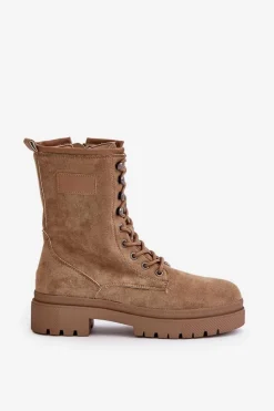 Boto Botki Sznurowane|Botki Płaskie*Botki Workery Damskie Na Zamek Z Eko Zamszu Ciemnobeżowe Savalann