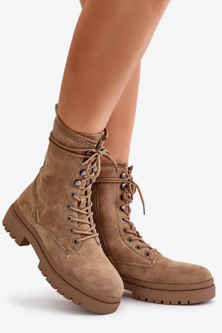 Boto Botki Sznurowane|Botki Płaskie*Botki Workery Damskie Na Zamek Z Eko Zamszu Ciemnobeżowe Savalann