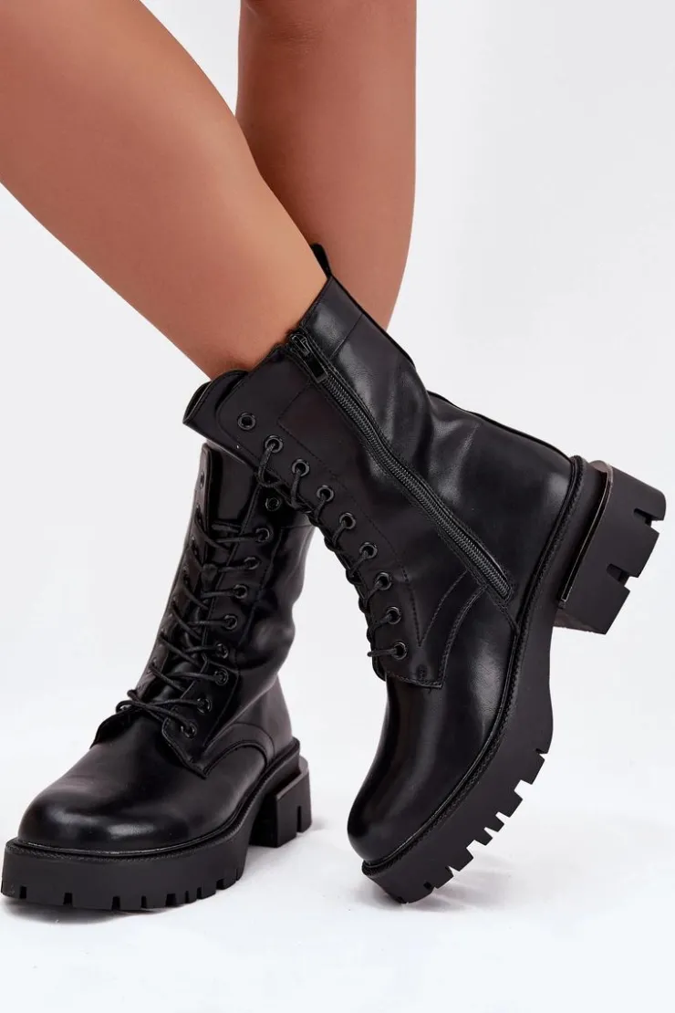 Boto Botki Sznurowane|Botki Płaskie*Botki Workery Damskie Na Klocku Czarne Alviora