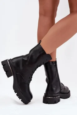 Boto Botki Sznurowane|Botki Płaskie*Botki Workery Damskie Na Klocku Czarne Alviora