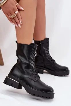 Boto Botki Sznurowane|Botki Płaskie*Botki Workery Damskie Na Klocku Czarne Alviora