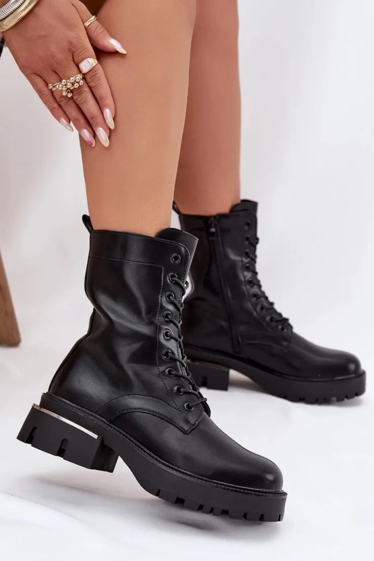 Boto Botki Sznurowane|Botki Płaskie*Botki Workery Damskie Na Klocku Czarne Alviora