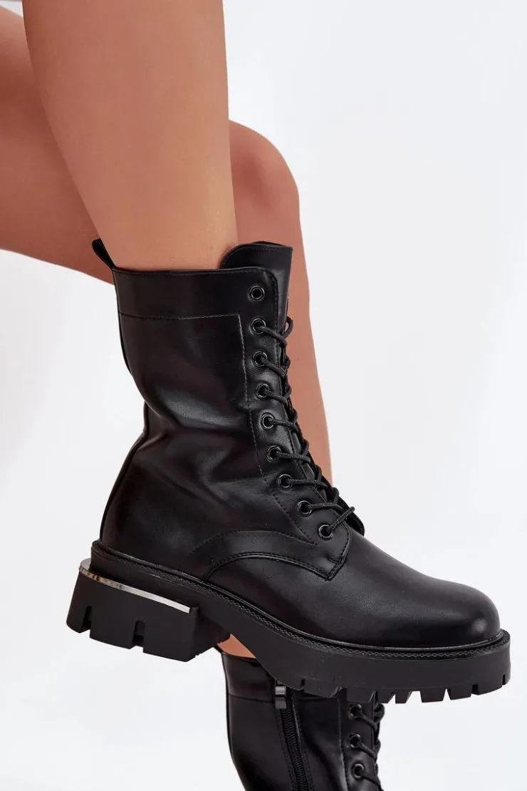 Boto Botki Sznurowane|Botki Płaskie*Botki Workery Damskie Na Klocku Czarne Alviora