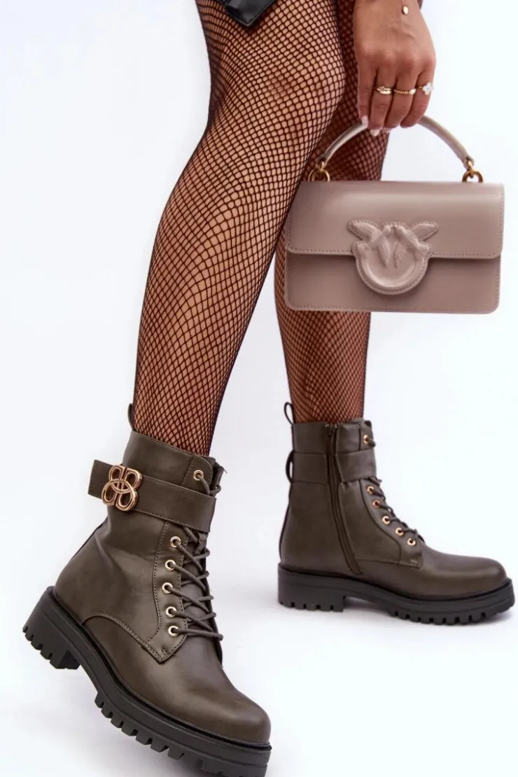 Damskie Boto Botki Workery Damskie Na Suwak Z Ozdobą Ciemnozielone Ciossava