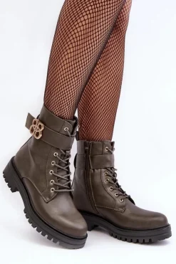 Damskie Boto Botki Workery Damskie Na Suwak Z Ozdobą Ciemnozielone Ciossava