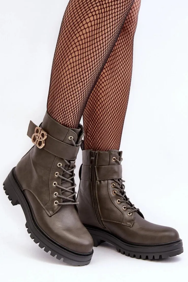 Damskie Boto Botki Workery Damskie Na Suwak Z Ozdobą Ciemnozielone Ciossava