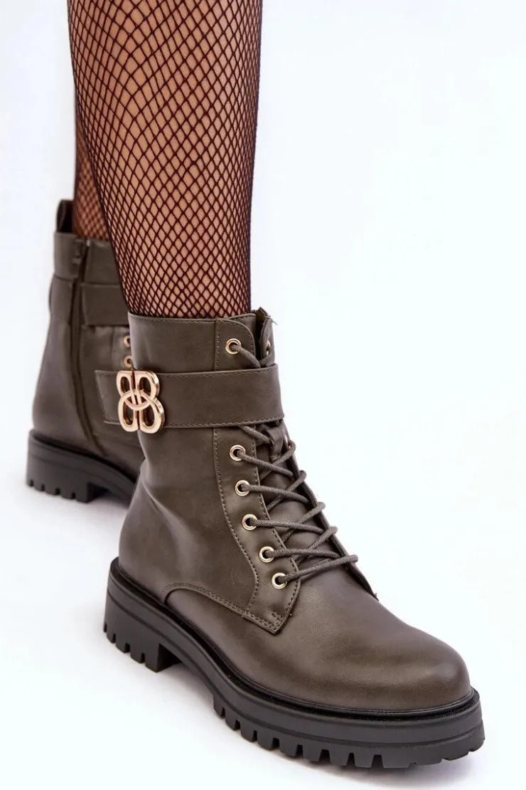 Damskie Boto Botki Workery Damskie Na Suwak Z Ozdobą Ciemnozielone Ciossava