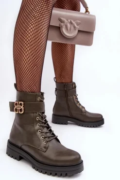 Damskie Boto Botki Workery Damskie Na Suwak Z Ozdobą Ciemnozielone Ciossava