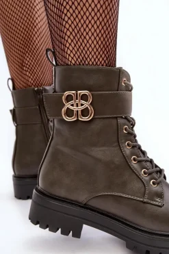 Damskie Boto Botki Workery Damskie Na Suwak Z Ozdobą Ciemnozielone Ciossava