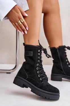 Damskie Boto Botki Workery Damskie Na Zamek Z Eko Zamszu Czarne Savalann