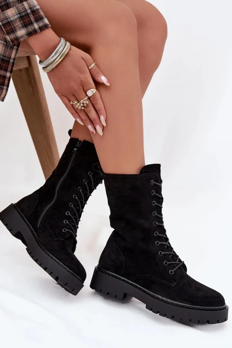 Boto Botki Ocieplane|Botki Sznurowane*Botki Workery Damskie Ocieplane Czarne Marvielle