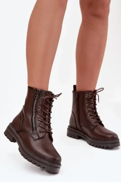 Damskie Boto Botki Workery Damskie Ocieplane Czekoladowe Ivonelle