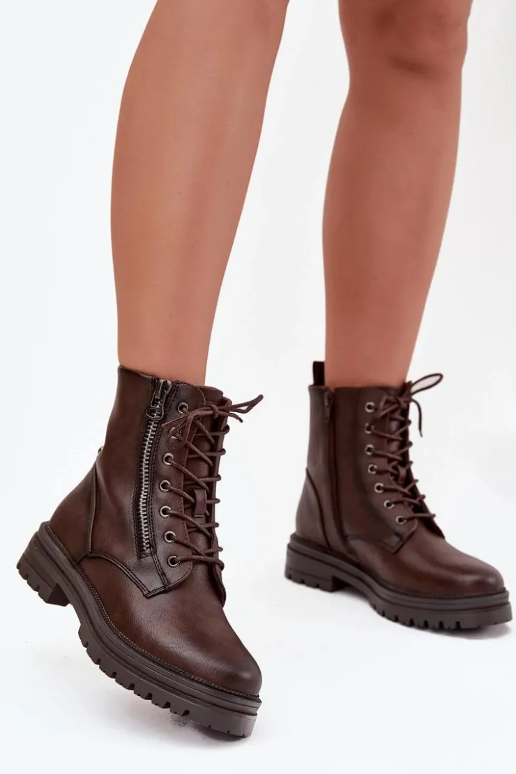 Damskie Boto Botki Workery Damskie Ocieplane Czekoladowe Ivonelle